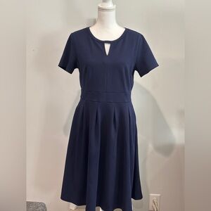 Blue A-Line Midi Dress with Crew Neck for Work with Pockets